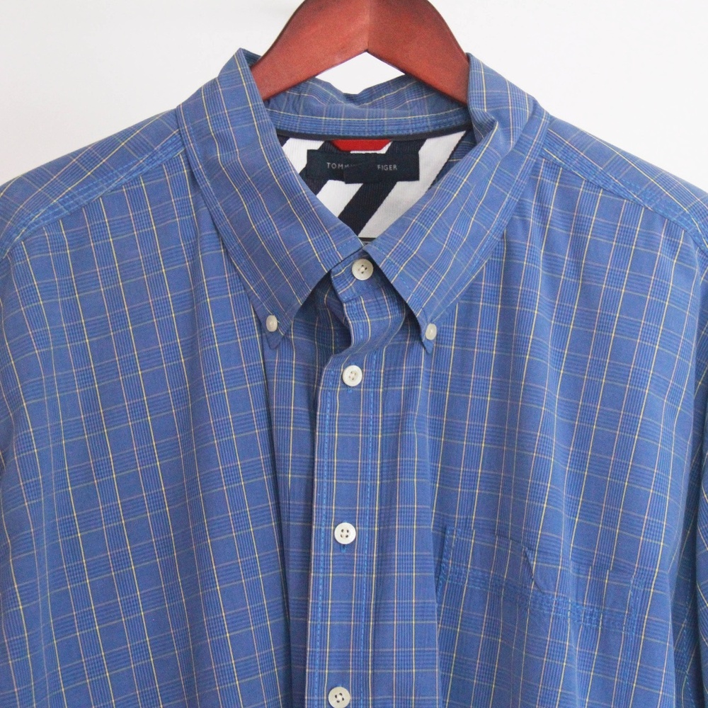 Tommy Hilfiger Men's Blue with Yellow Plaid Stripe Long-Sleeve Button Down Shirt